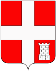 De gueules à la croix d'argent cantonnée à la pointe senestre d'une tour de même